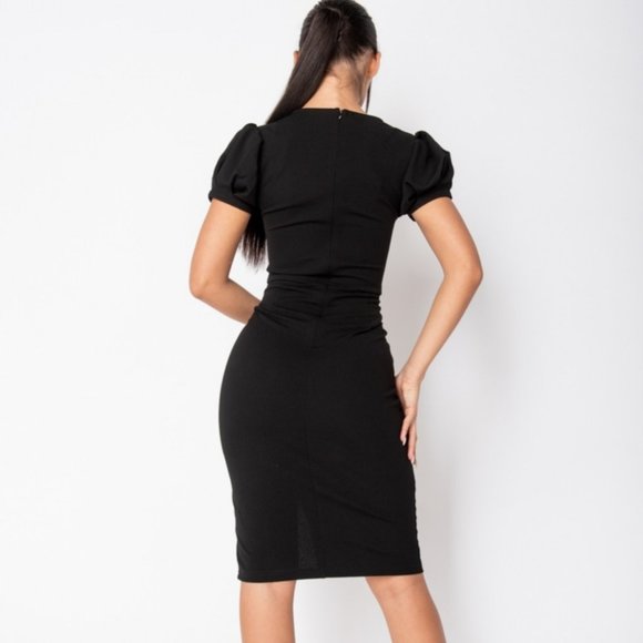 Black Short Puff Sleeve Split Bodycon Midi Dress - Picture 4 of 8